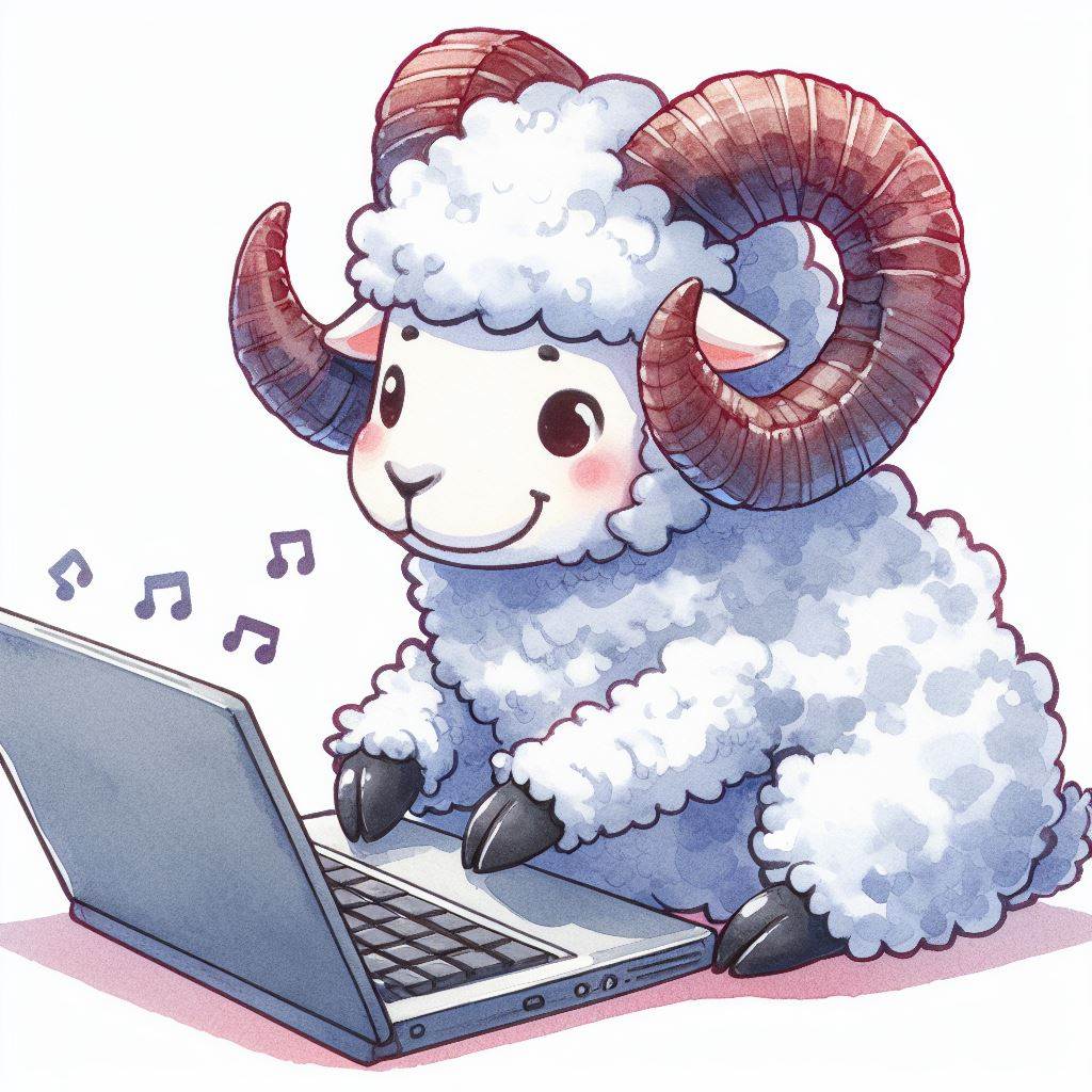 An ultra cute smiling cartoon ram, washed in soft pastels, sits with a laptop