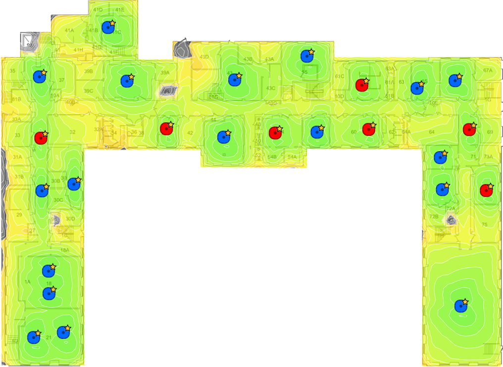 Floorplan of a level of MacNider Hall. Wi-Fi strength is represented by shades of green and yellow. In this "after" visualization, 7 new access points are shown in red.
