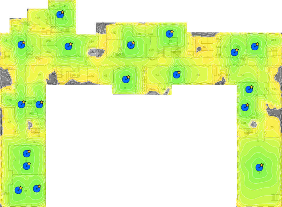 Floorplan of a level of MacNider Hall. Wi-Fi strength is represented by shades of green and yellow. In this "after" visualization,18 existing access points are shown in blue.