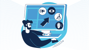 An illustrated man uses a giant computer. On the screen are icons representing how people may need accessible materials, including hearing impairment, low vision and physical disabilities