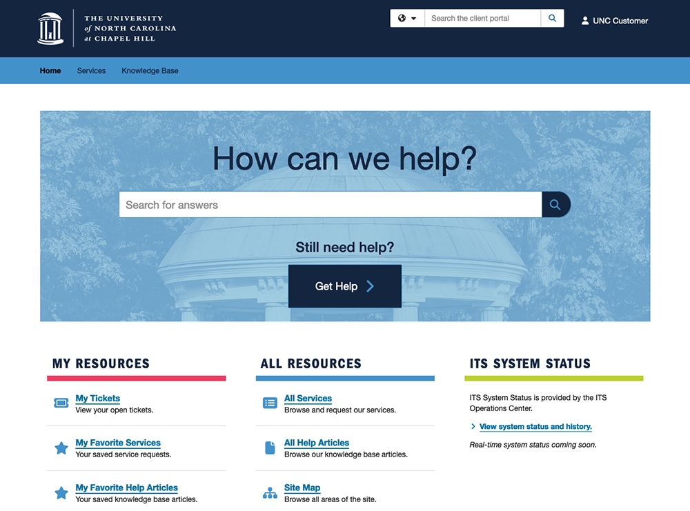 Screenshot of the new help portal. In the center is a blue-toned photo of the Old Well, with a large search box overlaid and a "get help" button directly underneath. Below that are three columns that include my resources, all resources and ITS system status