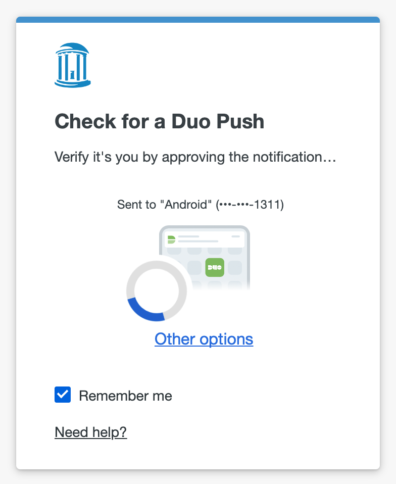 Screenshot showing a Duo push screen that now shows a small "remember me" checkbox in the bottom left