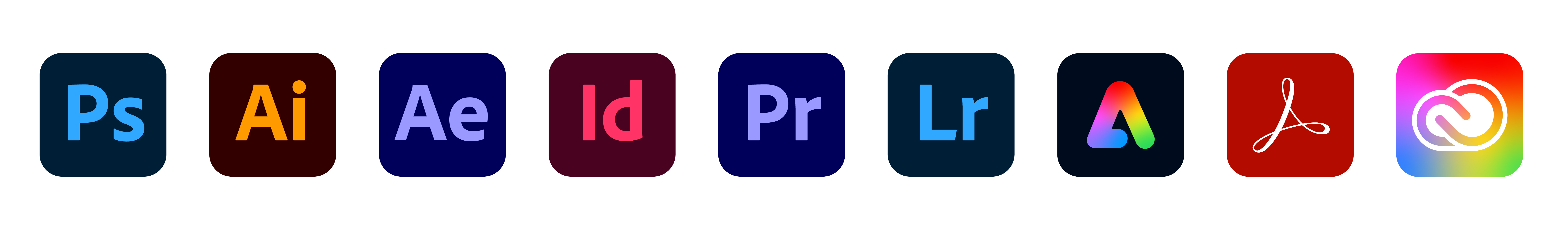 A row of Adobe icons, including Photoshop, Illustrator, Premiere, Creative Cloud and Acrobat