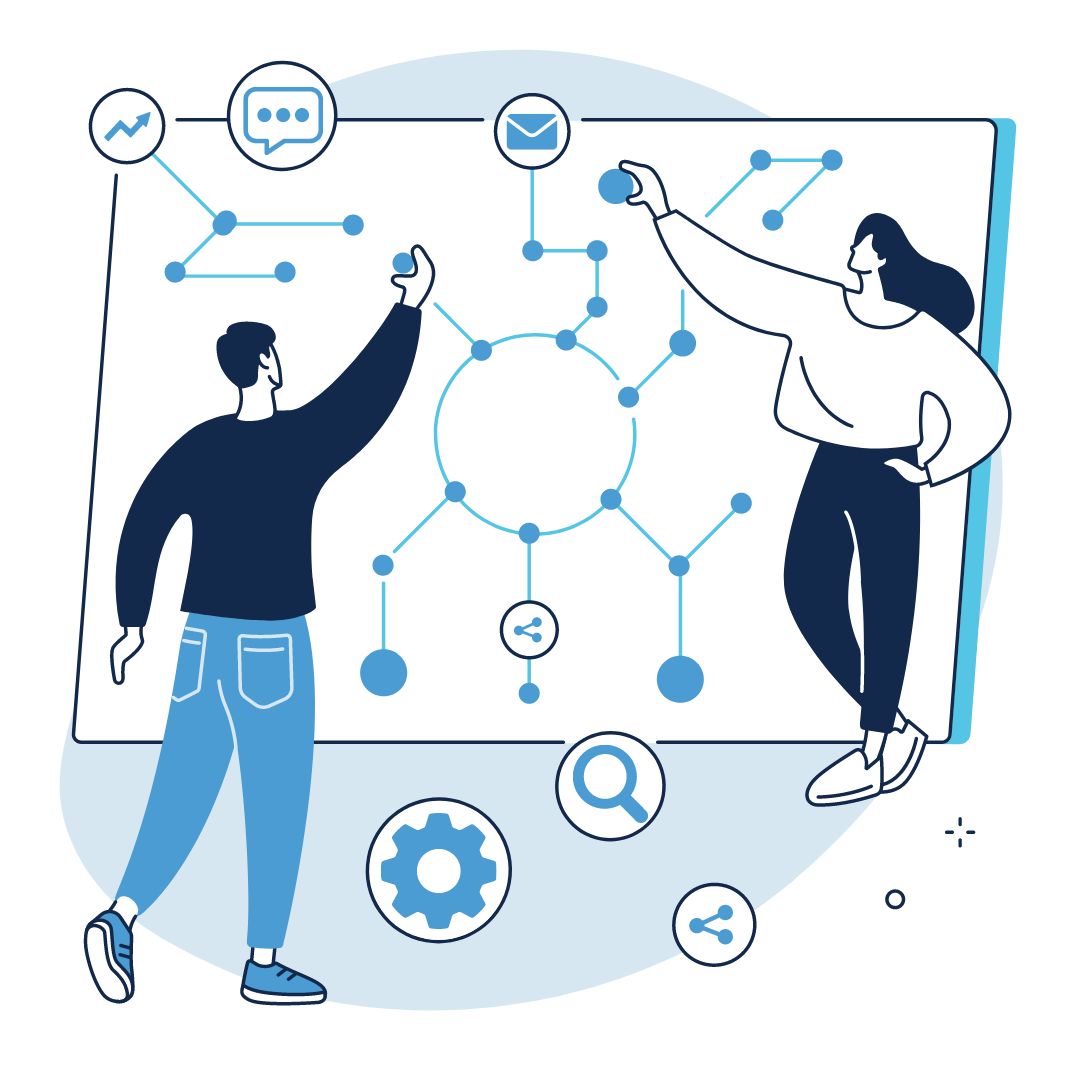 Two illustrated people simulate configuring an IT system. Little icons like search, chat, email and a gear are sprinkle throughout